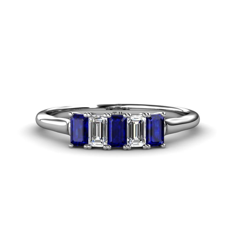 Noura 5x3 mm Emerald Cut Blue Sapphire and Diamond 5 Stone Wedding Band 