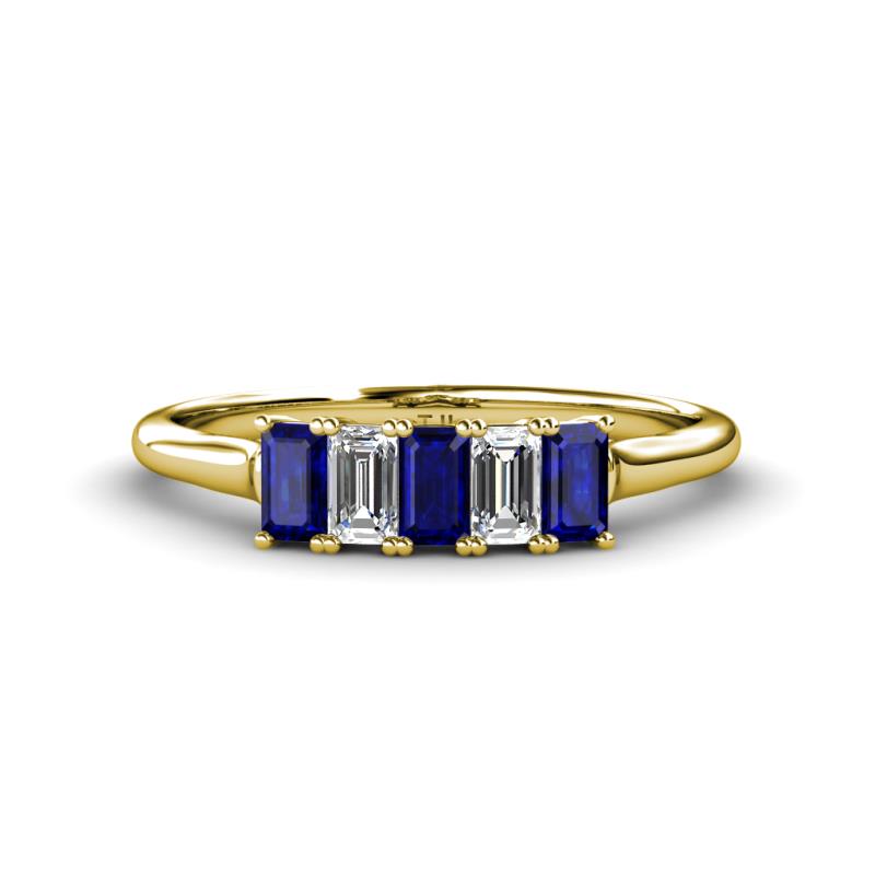 Noura 5x3 mm Emerald Cut Blue Sapphire and Diamond 5 Stone Wedding Band 