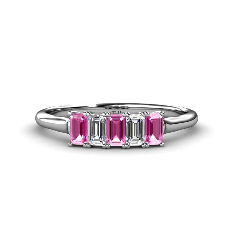 Noura 5x3 mm Emerald Cut Pink Sapphire and Diamond 5 Stone Wedding Band 