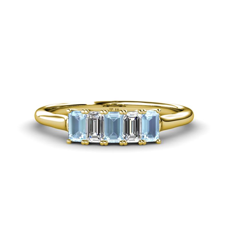 Noura 5x3 mm Emerald Cut Aquamarine and Diamond 5 Stone Wedding Band 