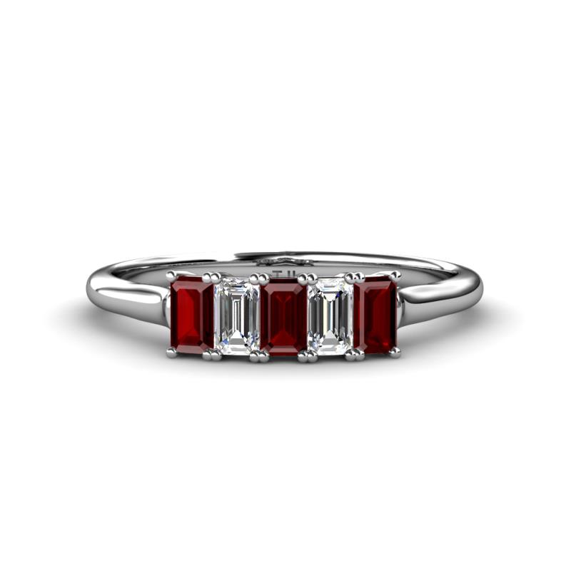 Noura 5x3 mm Emerald Cut Red Garnet and Lab Grown Diamond 5 Stone Wedding Band 