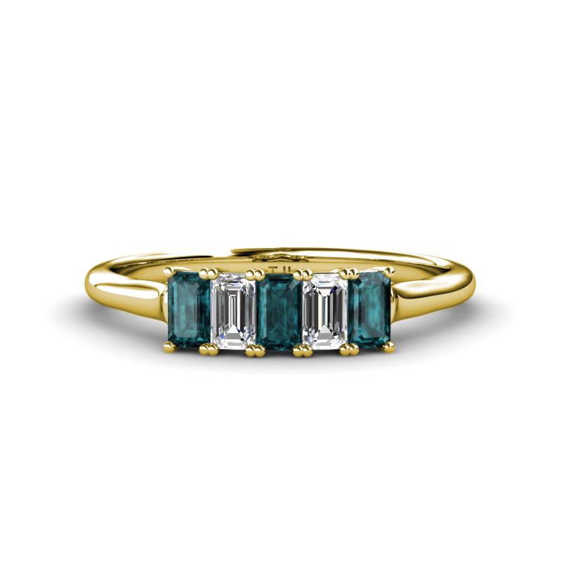 Noura 5x3 mm Emerald Cut London Blue Topaz and Lab Grown Diamond 5 Stone Wedding Band 