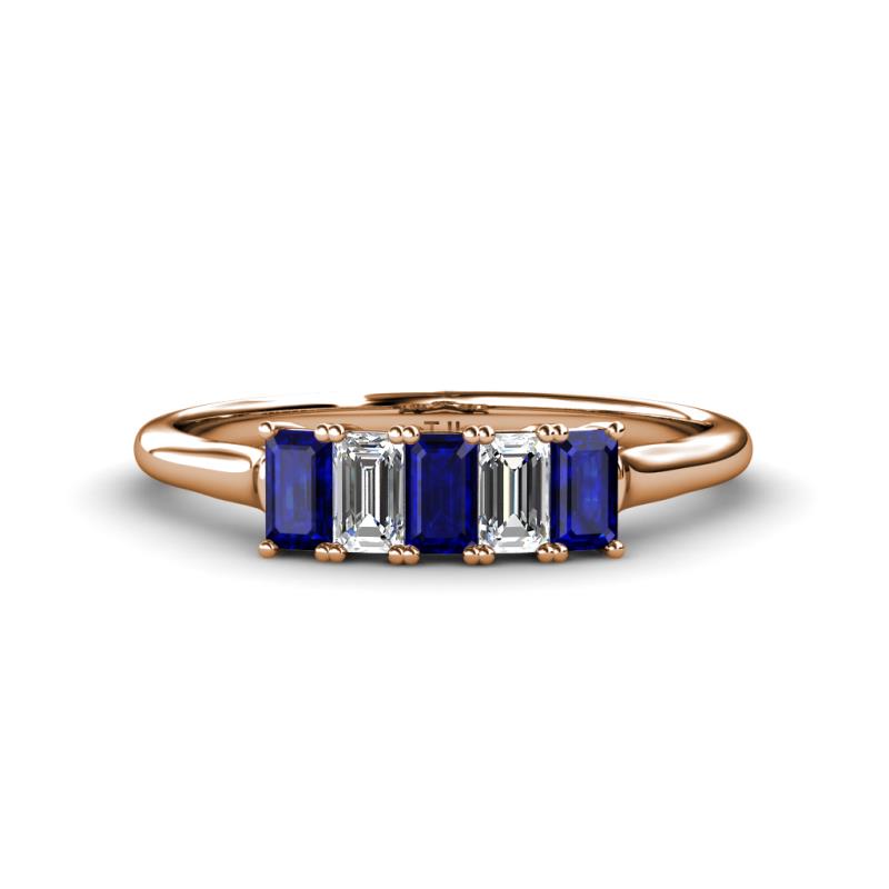 Noura 5x3 mm Emerald Cut Blue Sapphire and Lab Grown Diamond 5 Stone Wedding Band 