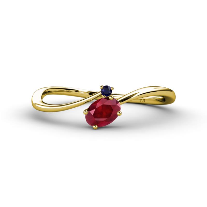 Lucie Bold Oval Cut Ruby and Round Blue Sapphire 2 Stone Promise Ring 