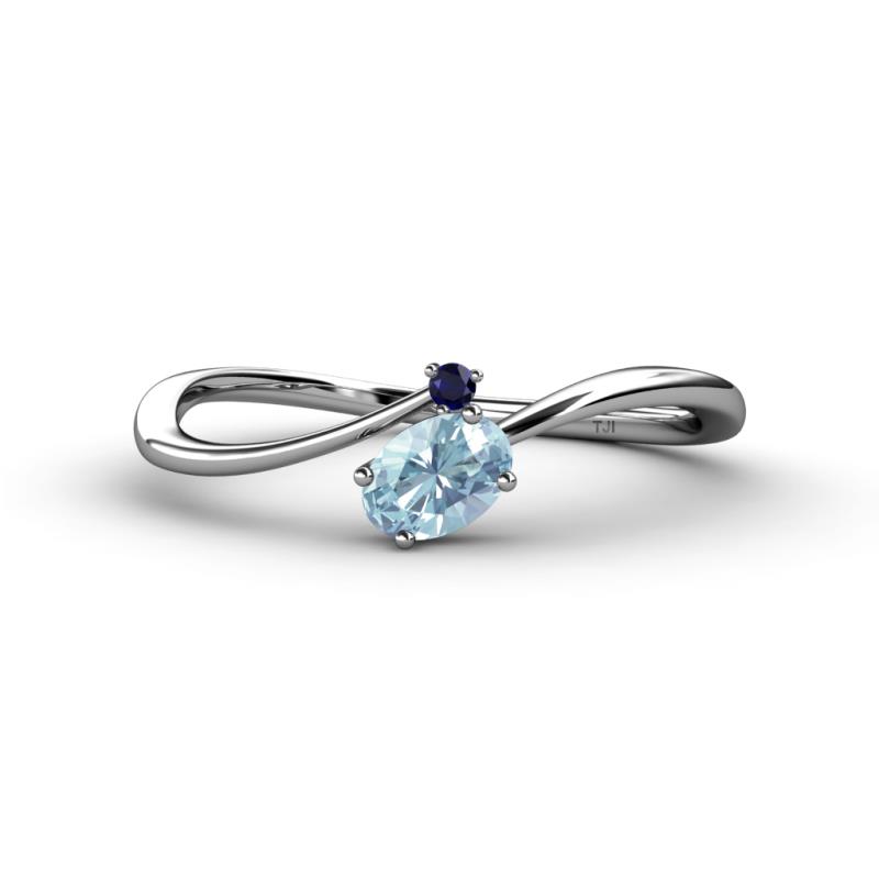 Lucie Bold Oval Cut Aquamarine and Round Blue Sapphire 2 Stone Promise Ring 