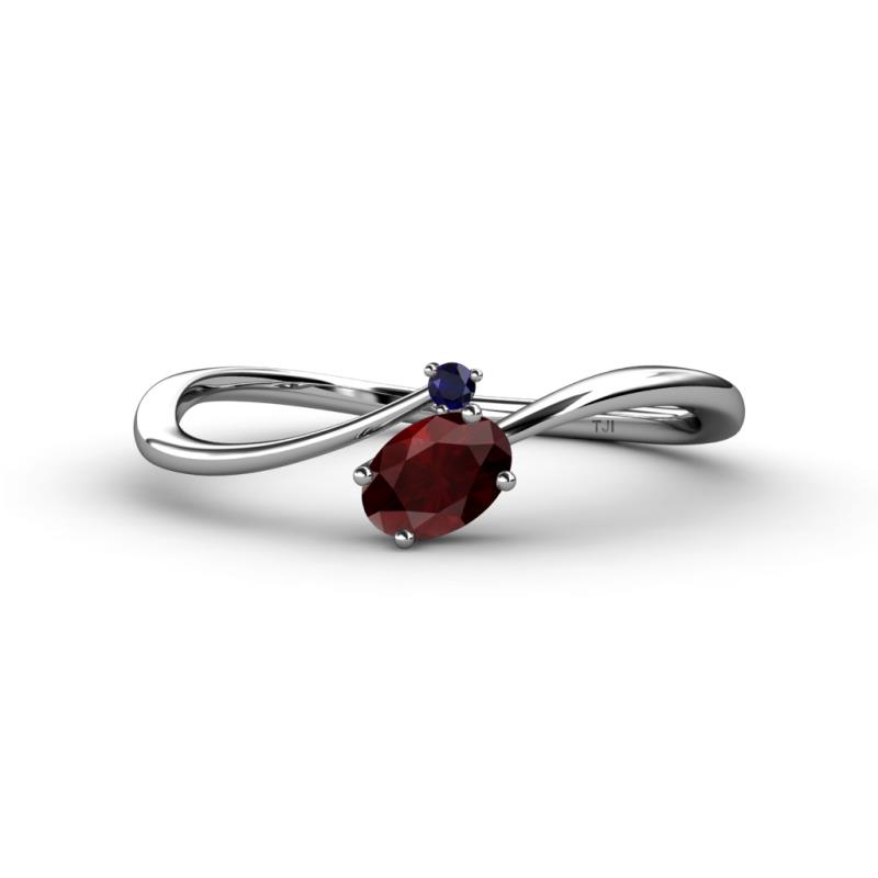 Lucie Bold Oval Cut Red Garnet and Round Blue Sapphire 2 Stone Promise Ring 