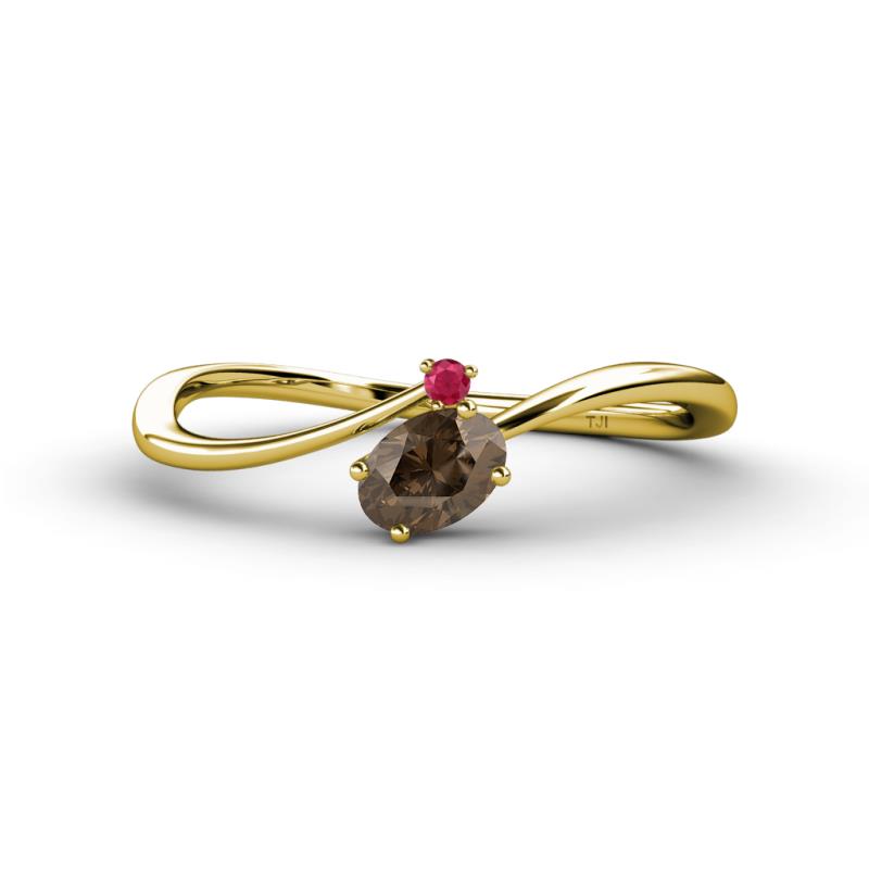 Lucie Bold Oval Cut Smoky Quartz and Round Ruby 2 Stone Promise Ring 