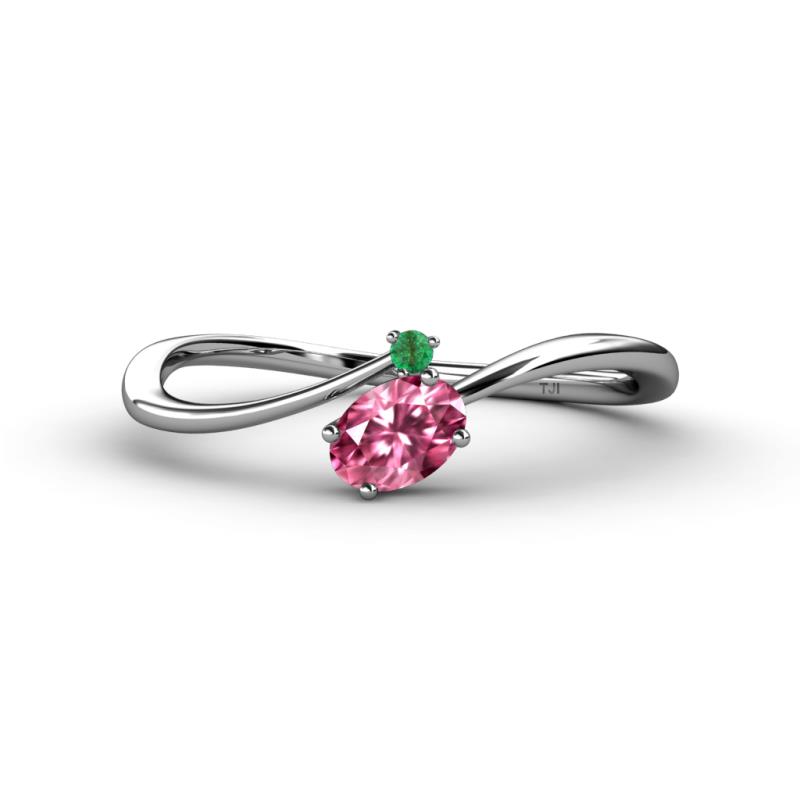 Lucie Bold Oval Cut Pink Tourmaline and Round Emerald 2 Stone Promise Ring 