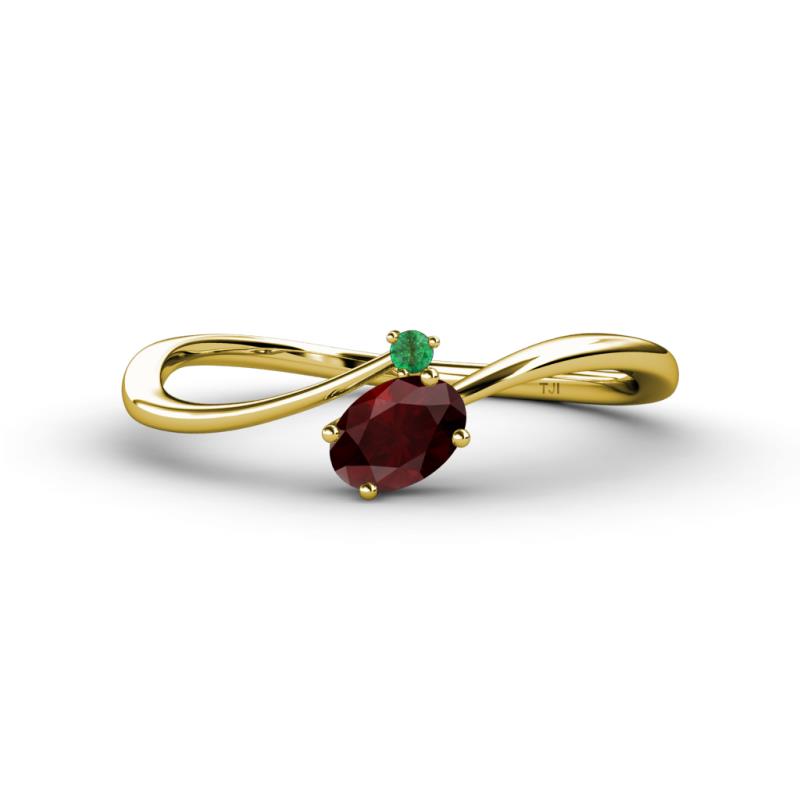 Lucie Bold Oval Cut Red Garnet and Round Emerald 2 Stone Promise Ring 