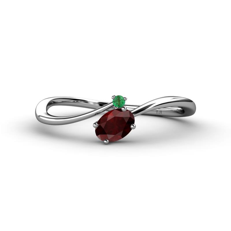 Lucie Bold Oval Cut Red Garnet and Round Emerald 2 Stone Promise Ring 