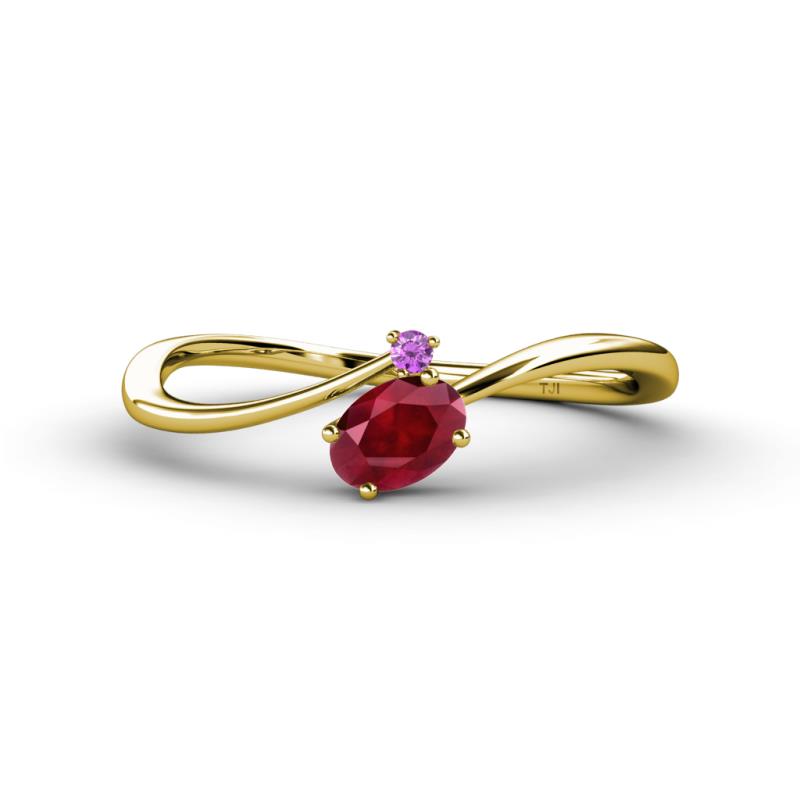 Lucie Bold Oval Cut Ruby and Round Amethyst 2 Stone Promise Ring 