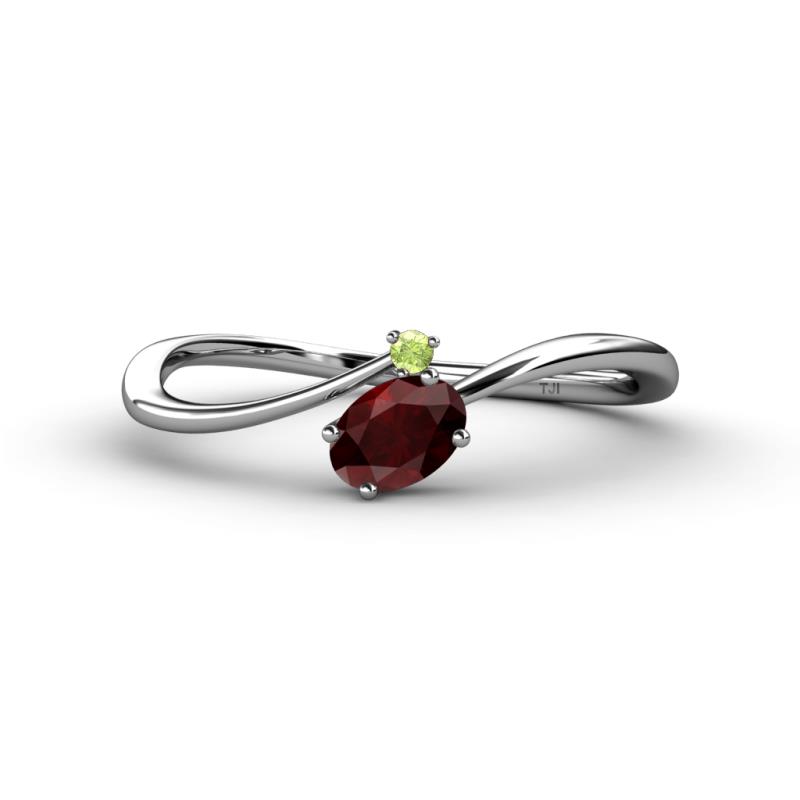 Lucie Bold Oval Cut Red Garnet and Round Peridot 2 Stone Promise Ring 