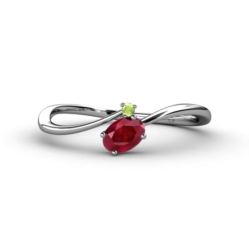 Lucie Bold Oval Cut Ruby and Round Peridot 2 Stone Promise Ring 