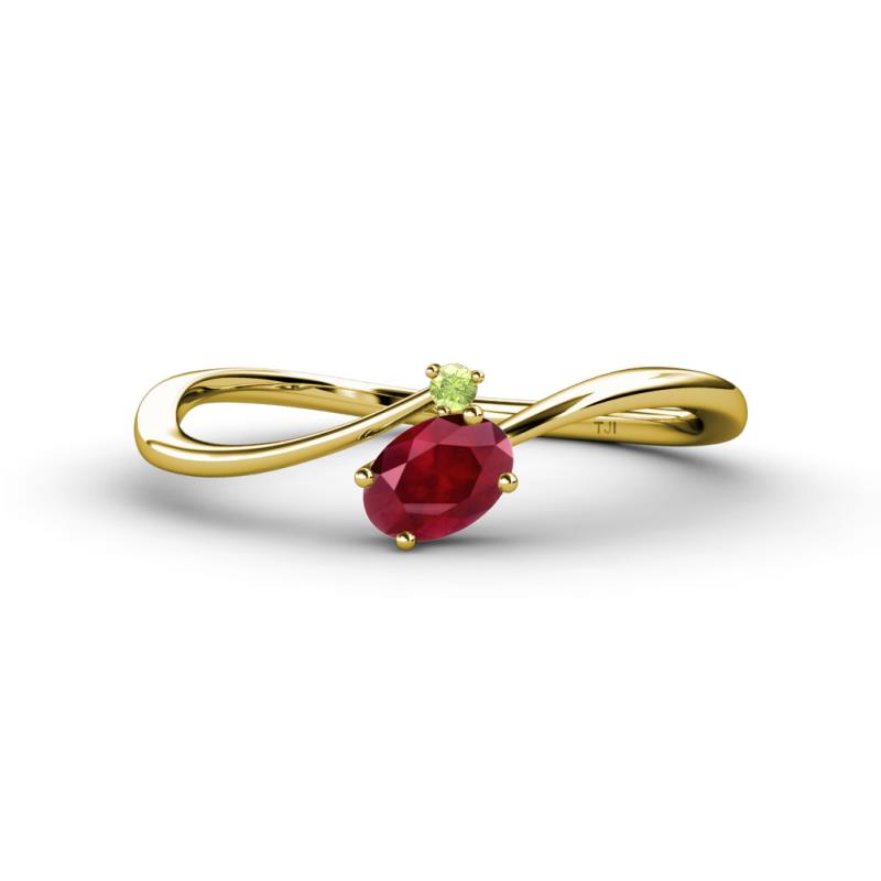 Lucie Bold Oval Cut Ruby and Round Peridot 2 Stone Promise Ring 