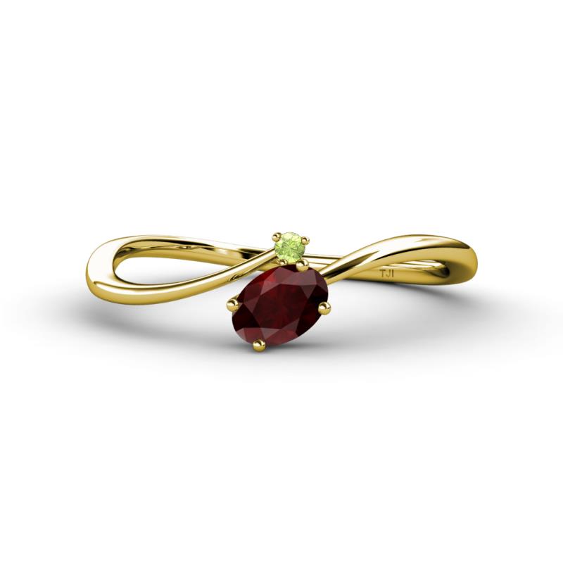 Lucie Bold Oval Cut Red Garnet and Round Peridot 2 Stone Promise Ring 