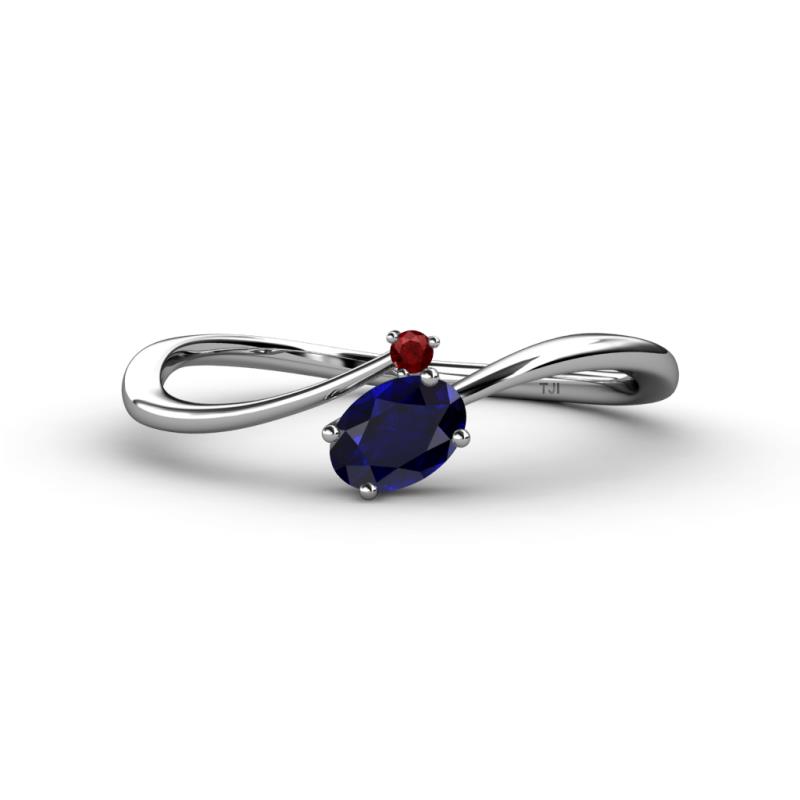 Lucie Bold Oval Cut Blue Sapphire and Round Red Garnet 2 Stone Promise Ring 
