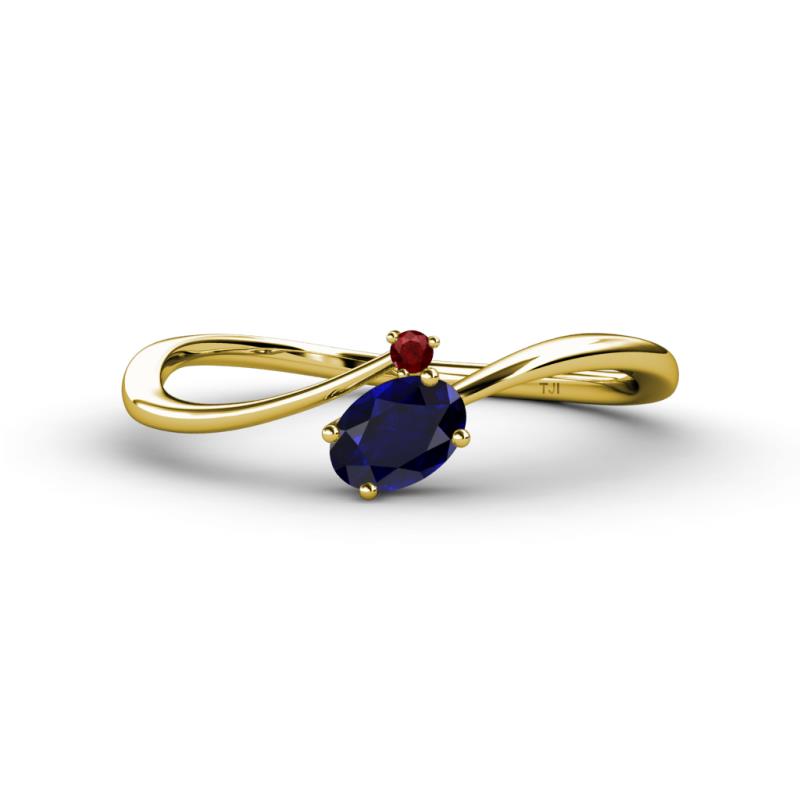 Lucie Bold Oval Cut Blue Sapphire and Round Red Garnet 2 Stone Promise Ring 