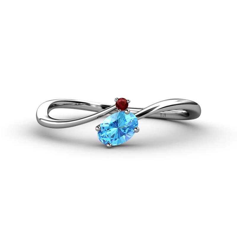 Lucie Bold Oval Cut Blue Topaz and Round Red Garnet 2 Stone Promise Ring 