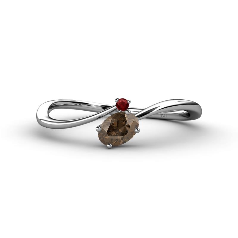 Lucie Bold Oval Cut Smoky Quartz and Round Red Garnet 2 Stone Promise Ring 