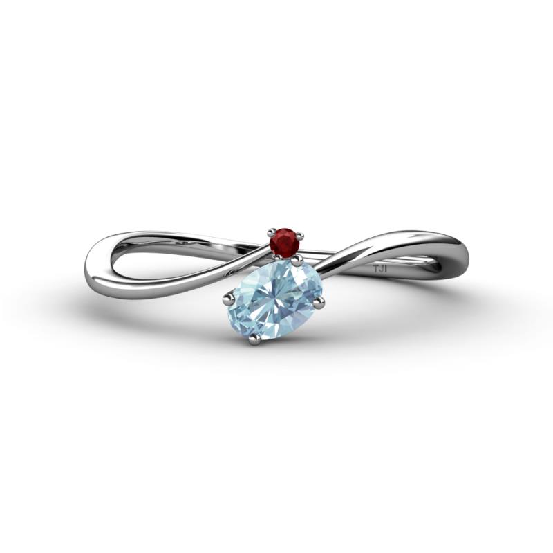 Lucie Bold Oval Cut Aquamarine and Round Red Garnet 2 Stone Promise Ring 