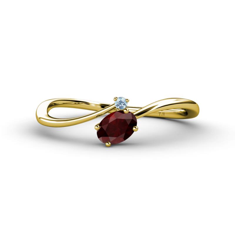Lucie Bold Oval Cut Red Garnet and Round Aquamarine 2 Stone Promise Ring 