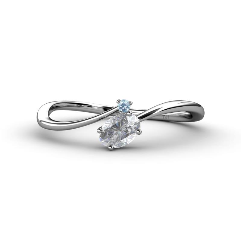 Lucie Bold Oval Cut White Sapphire and Round Aquamarine 2 Stone Promise Ring 