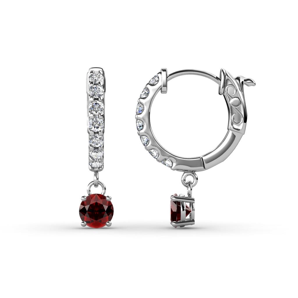 Nita (4mm) Round Red Garnet and Diamond Dangle Huggie Hoop Earrings 