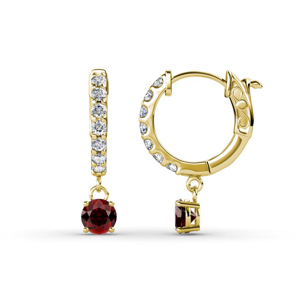 Nita (4mm) Round Red Garnet and Diamond Dangle Huggie Hoop Earrings 