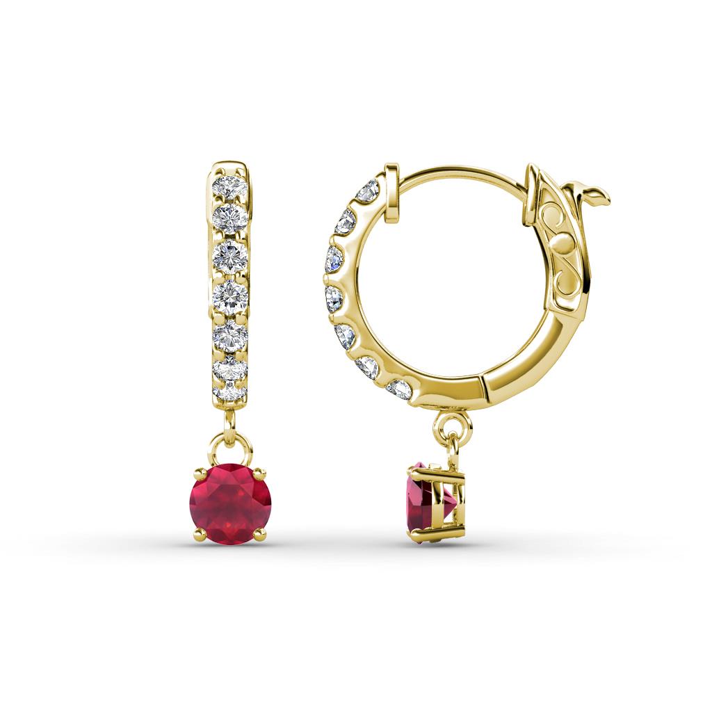 Nita (4mm) Round Ruby and Diamond Dangle Huggie Hoop Earrings 