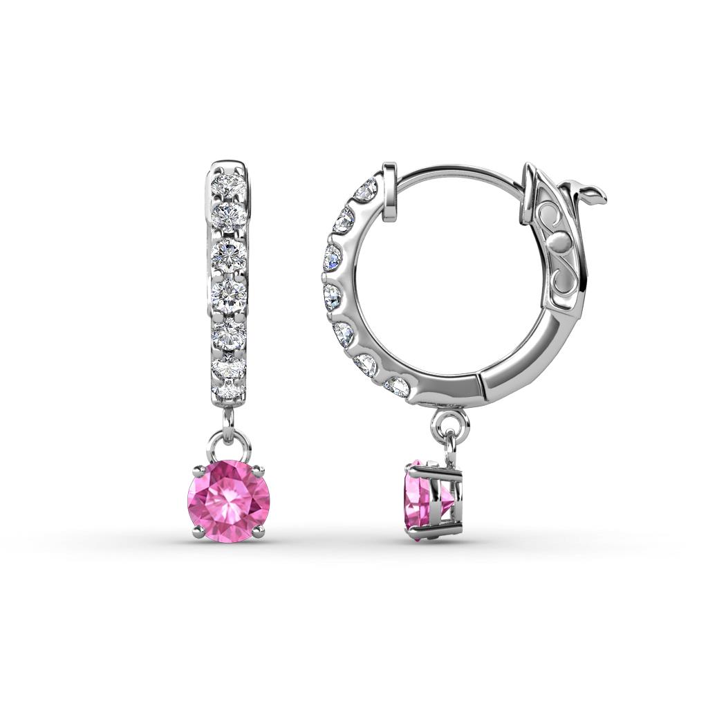 Nita (4mm) Round Pink Sapphire and Diamond Dangle Huggie Hoop Earrings 