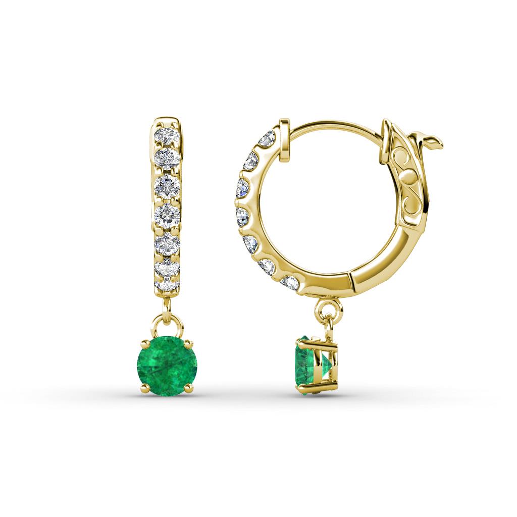 Nita (4mm) Round Emerald and Diamond Dangle Huggie Hoop Earrings 