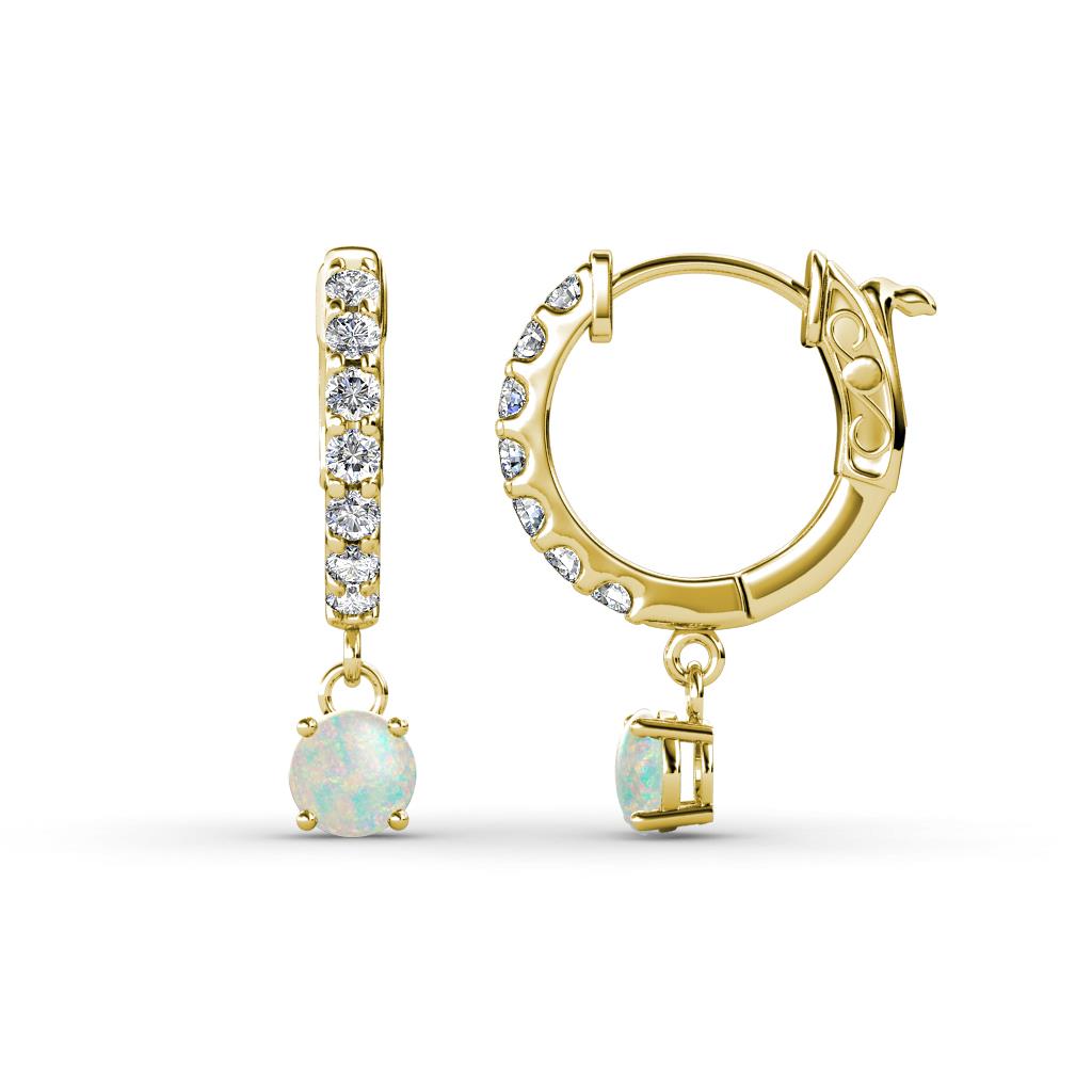 Nita (4mm) Round Opal and Diamond Dangle Huggie Hoop Earrings 