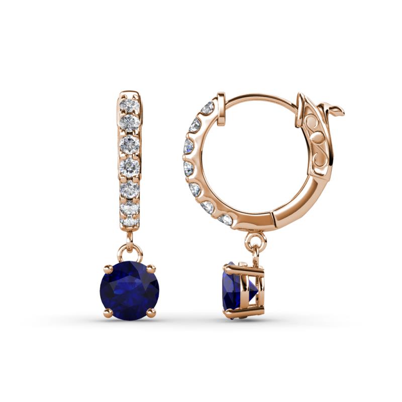 Nita (5mm) Round Blue Sapphire and Diamond Dangle Huggie Hoop Earrings 