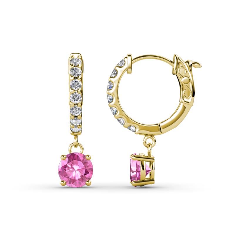 Nita (5mm) Round Lab Created Pink Sapphire and Diamond Dangle Huggie Hoop Earrings 