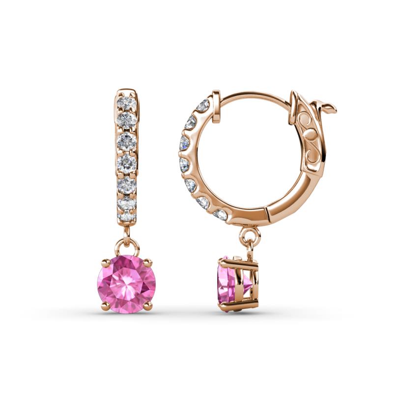 Nita (5mm) Round Lab Created Pink Sapphire and Diamond Dangle Huggie Hoop Earrings 