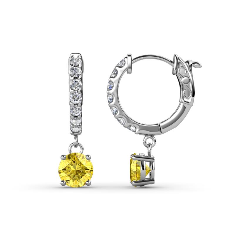 Nita (5mm) Round Lab Created Yellow Sapphire and Diamond Dangle Huggie Hoop Earrings 