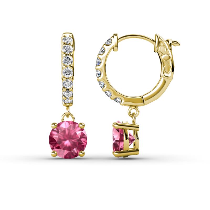 Nita (6mm) Round Pink Tourmaline and Diamond Dangle Huggie Hoop Earrings 