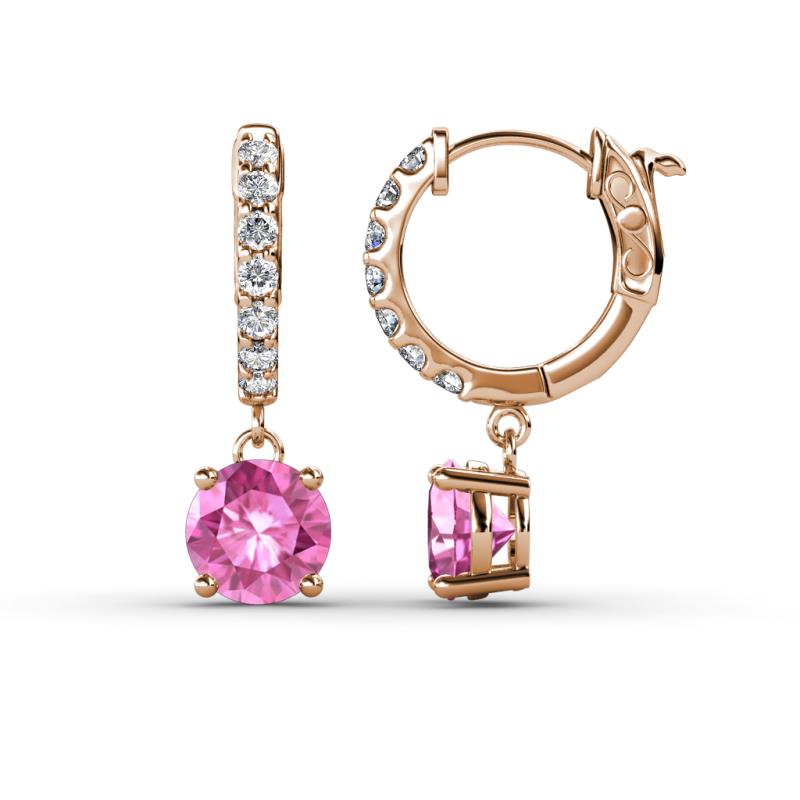 Nita (6mm) Round Pink Sapphire and Diamond Dangle Huggie Hoop Earrings 