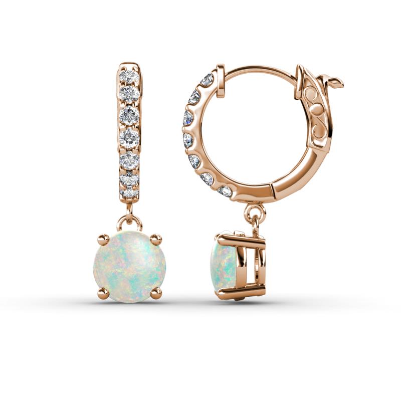 Nita (6mm) Round Opal and Diamond Dangle Huggie Hoop Earrings 