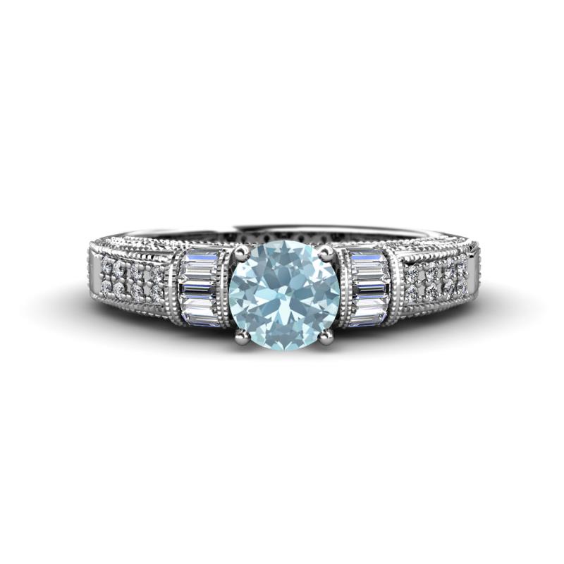 Amya Desire Round Aquamarine with Round and Baguette Diamond Engagement Ring 
