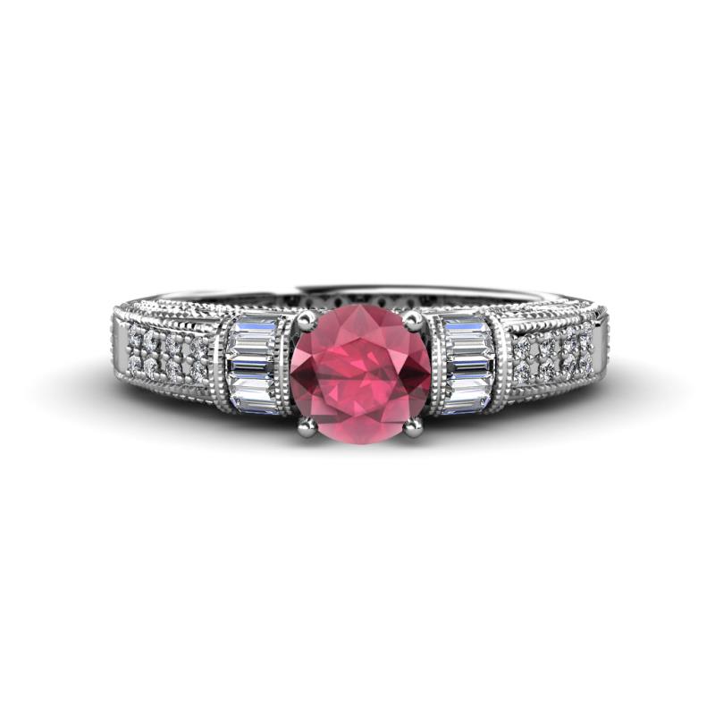 Amya Desire Round Rhodolite Garnet with Round and Baguette Diamond Engagement Ring 