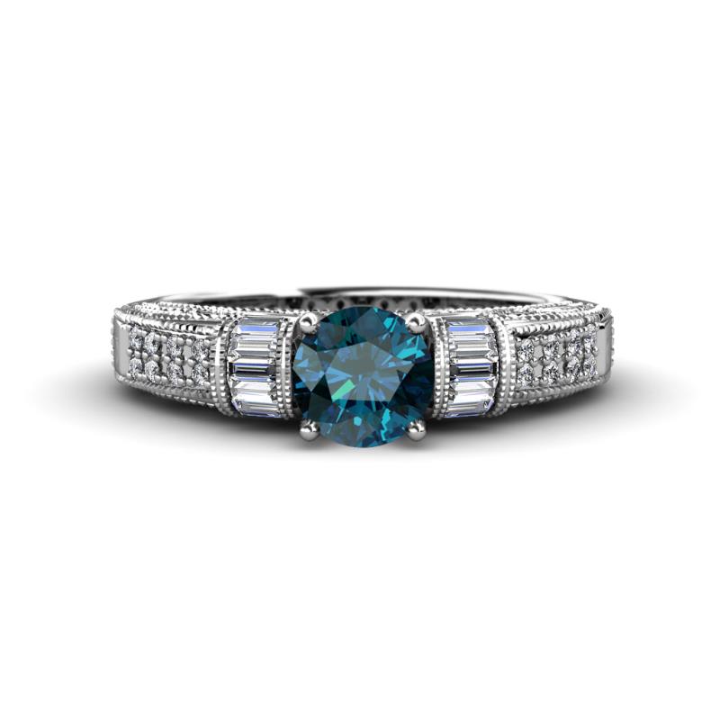 Amya Desire Round Blue Diamond with Round and Baguette White Diamond Engagement Ring 