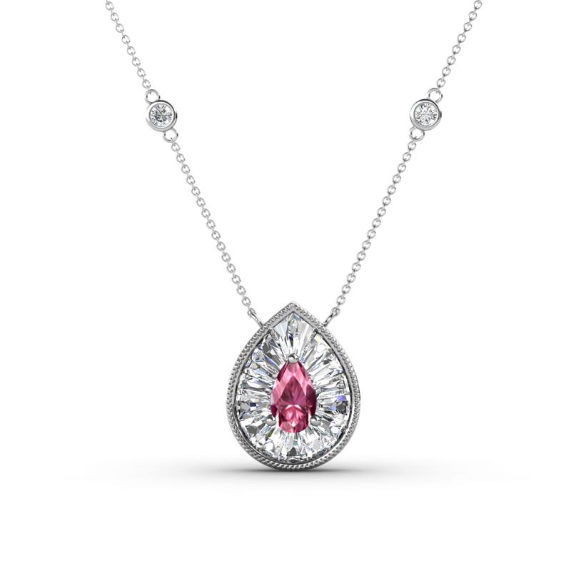 Viola Iris 0.59 ctw Pear Cut Pink Tourmaline and Baguette Diamond Milgrain Halo Pendant Necklace with Diamond Stations 