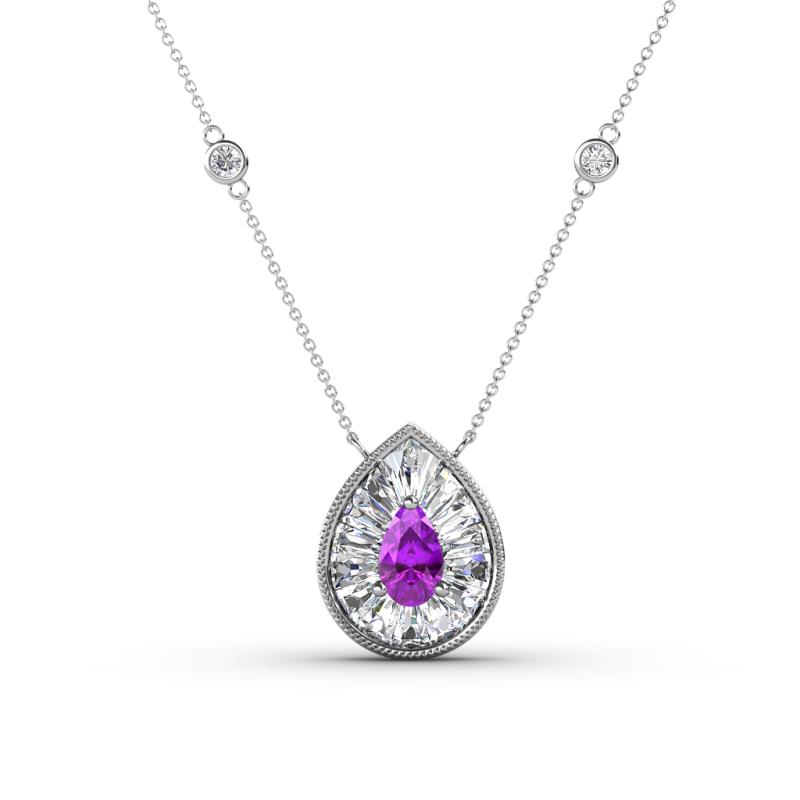 Viola Iris 0.56 ctw Pear Cut Amethyst and Baguette Diamond Milgrain Halo Pendant Necklace with Diamond Stations 