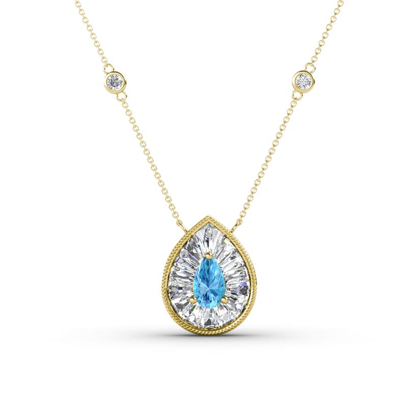 Viola Iris 0.59 ctw Pear Cut Blue Topaz and Baguette Diamond Milgrain Halo Pendant Necklace with Diamond Stations 