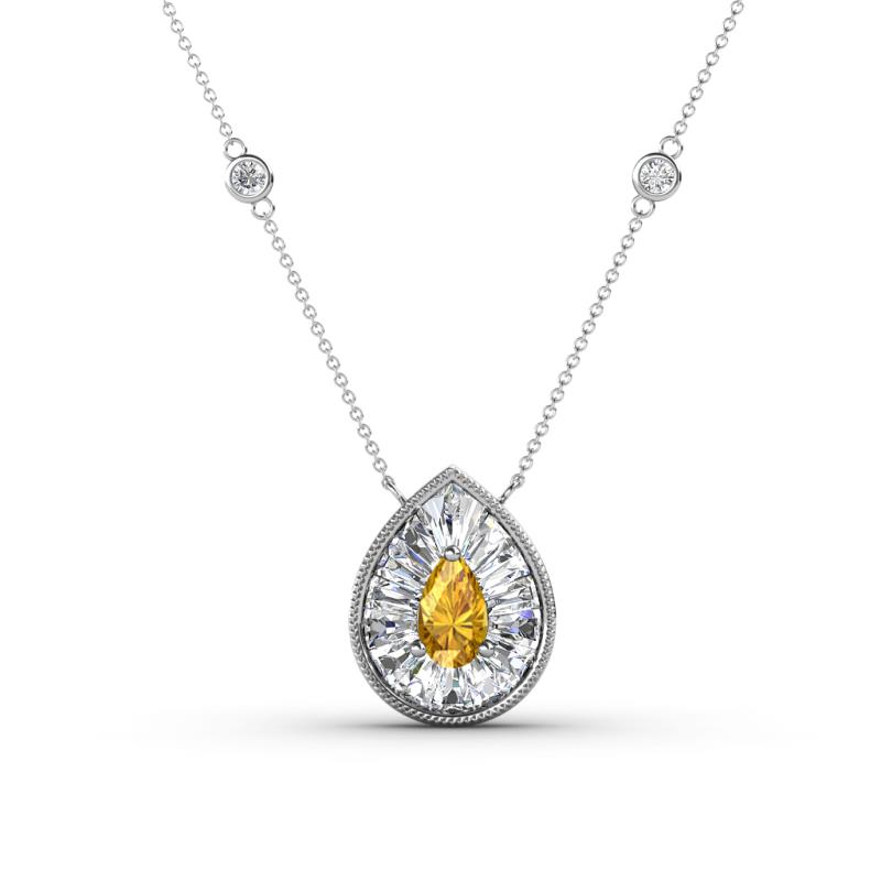 Viola Iris 0.56 ctw Pear Cut Citrine and Baguette Diamond Milgrain Halo Pendant Necklace with Diamond Stations 