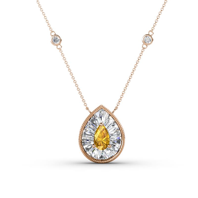 Viola Iris 0.56 ctw Pear Cut Citrine and Baguette Diamond Milgrain Halo Pendant Necklace with Diamond Stations 