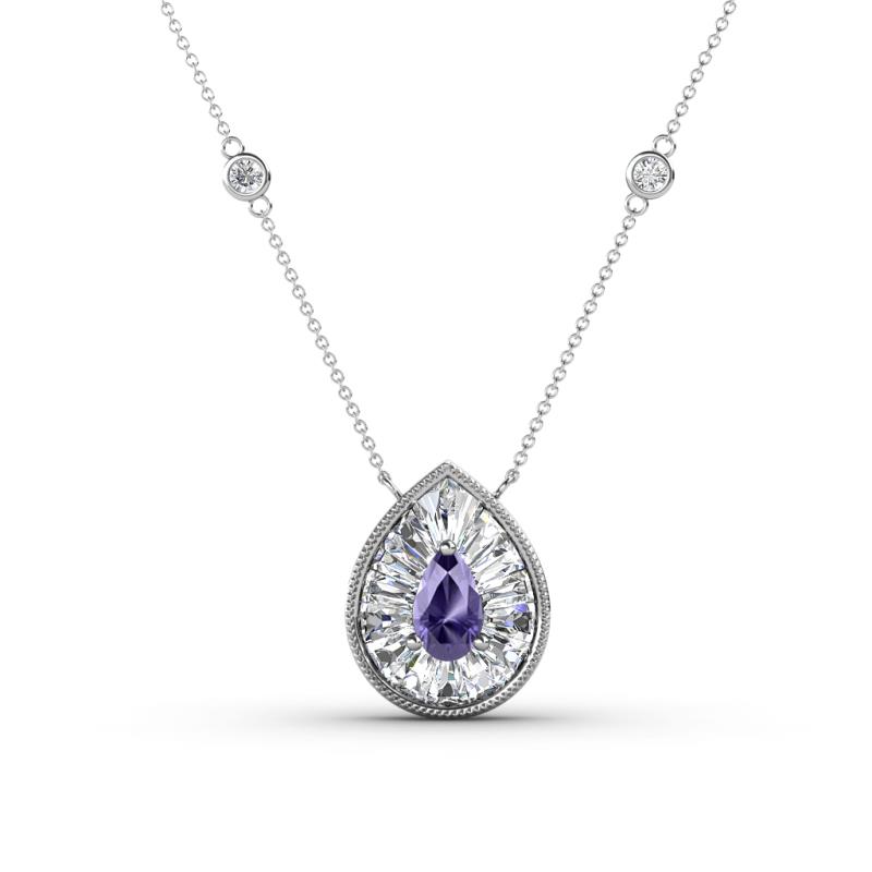 Viola Iris 0.54 ctw Pear Cut Iolite and Baguette Diamond Milgrain Halo Pendant Necklace with Diamond Stations 