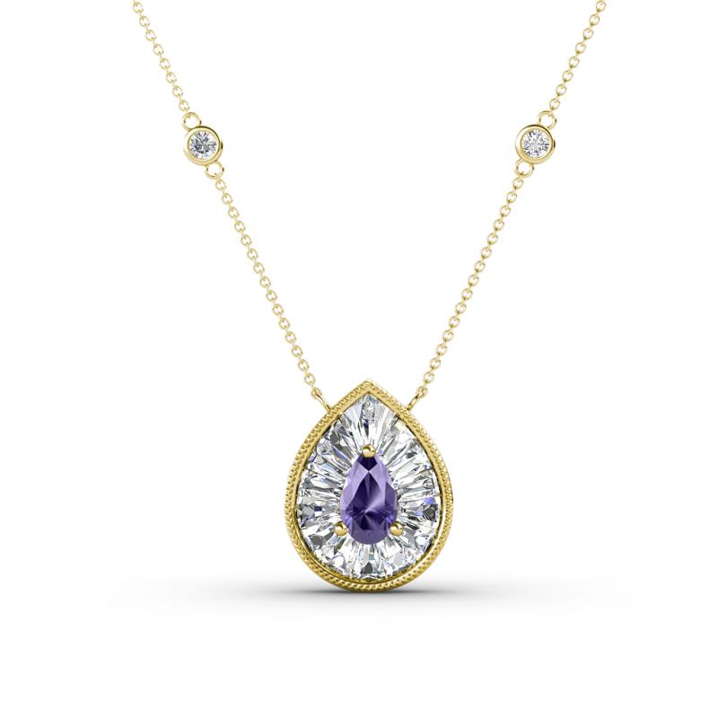Viola Iris 0.54 ctw Pear Cut Iolite and Baguette Diamond Milgrain Halo Pendant Necklace with Diamond Stations 