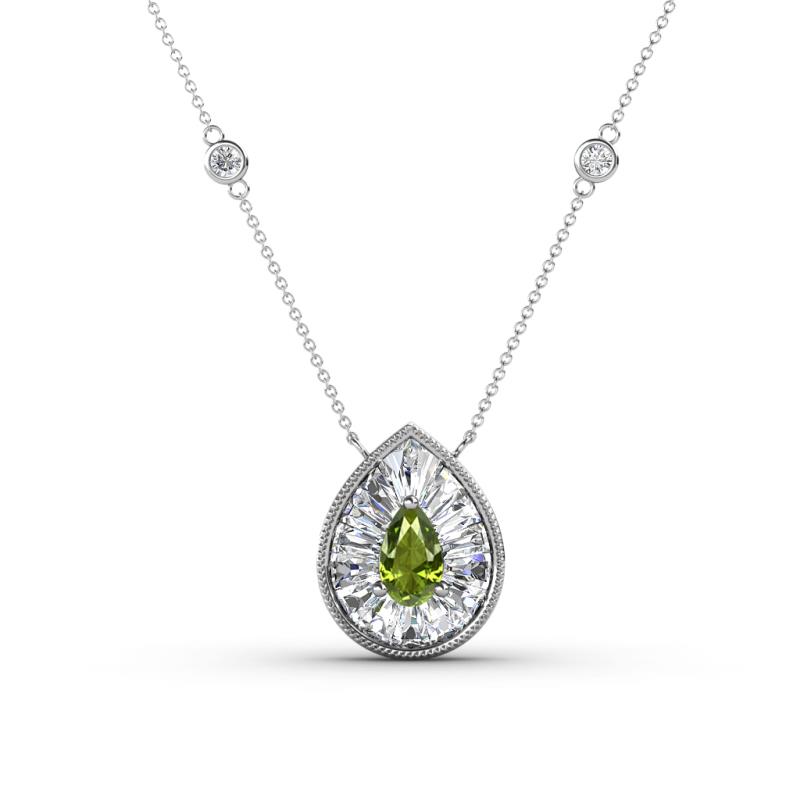 Viola Iris 0.59 ctw Pear Cut Peridot and Baguette Diamond Milgrain Halo Pendant Necklace with Diamond Stations 
